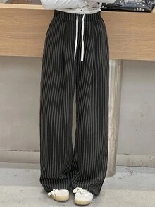 DAZY 青少年/青年女孩宽松直筒裤，拼色设计，休闲风格，秋季 - 黑色 - 查看 5