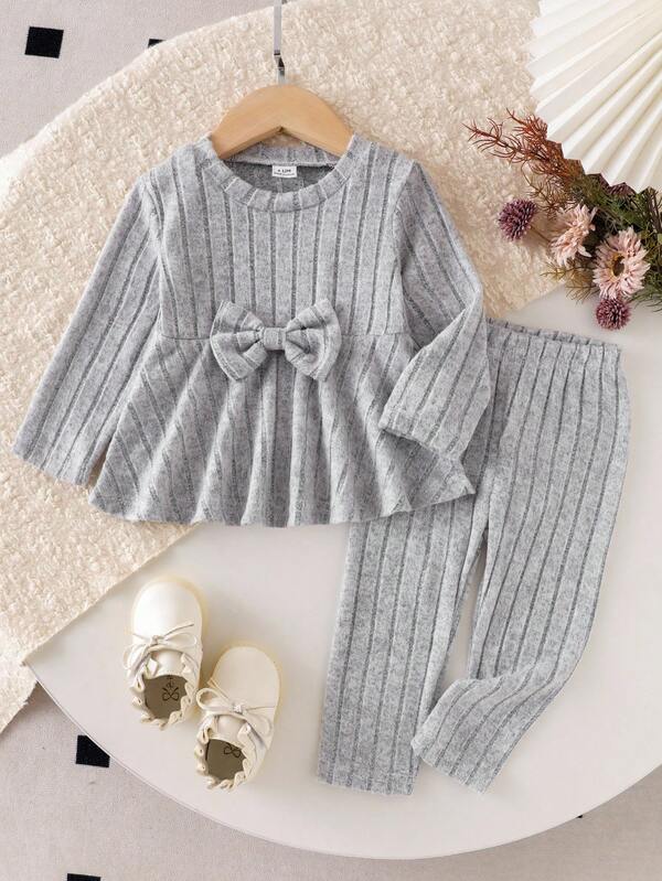 2pcs Baby Girls' Knitted Ribbed Long Sleeve Waist Cinched Long Tee And Pants Set, Casual Daily Outfit For Autumn Fall Winter