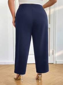 SHEIN CURVE+ Quần ống đứng màu đen thanh lịch cỡ lớn dành cho nữ, thích hợp để đi làm - Màu xanh hải quân - Xem 2
