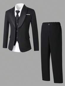SHEIN 3pcs Tween Boy Gentleman Outfit Set: Casual Blazer + Vest + Trousers, Elegant Formal Attire For Birthday Party, Wedding, Anniversary, Graduation