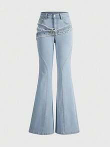 Women's Flared Casual Jeans With Pockets And Eyelets Design - Blue - View 1
