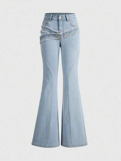 سراويل جينز كاجوال مُنفرجة للنساء مع جيوب وتصميم فتحات