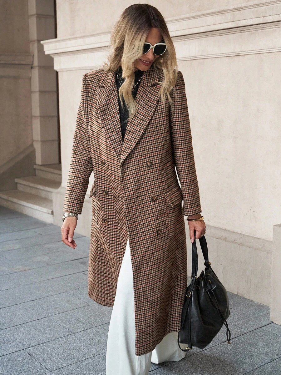 Solivie Women's Plaid Print Double-Breasted Fashionable Wool Coat,In Autumn/Winter,Fall