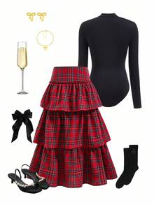 2pcs Women Set: Black Long Sleeve Jumpsuit Top & Red Plaid High Waist Flared Skirt, Casual Comfortable Fitted Outfit Christmas - Multicolor - View 2