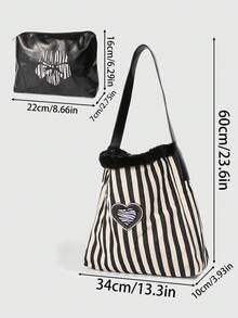 ROMWE 2 Pcs Retro Style Black And White Striped Fur Edge Decoration Women's Shoulder Bag, Large Capacity Flower Printed Mother And Bag, Suitable For Daily Travel In Autumn And Winter, Leopard Print Heart-Shaped Decoration Commuting Bag - Black and White - View 2