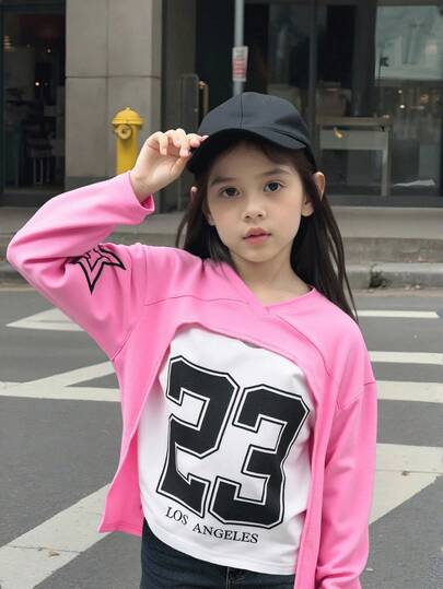 SHEIN Explorewe Camiseta de manga larga con cuello redondo y estampado de números casual 2 en 1 para niñas preadolescentes, otoño