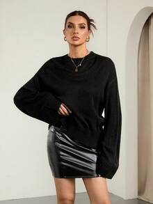 SHEIN Tall Suéter de punto holgado de manga larga para mujer, negro liso, otoño, estilo chic sin esfuerzo, suéter de hombro caído liso para uso diario otoño/invierno - Negro - Ver 3