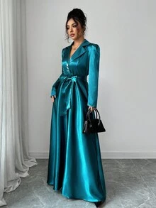 SHEIN Elenzya 女士优雅V领收腰A字长袖连衣裙，浪漫精致 - 藏蓝色 - 查看 7