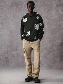 STYNVO Sudadera con capucha de manga larga con estampado de contraste minimalista para hombres, sudadera con capucha con gráfico de flores, sudadera con capucha con estampado abultado, sudadera con capucha negra para hombre, para otoño - Negro - Ver 3