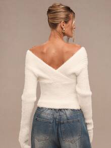 SHEIN BAE Women's Solid Color Minimalist Off-Shoulder Long Sleeve Sweater, Everyday Wear,Winter,Women's Winter Clothes , Fall Clothes For Women,Autumn Outfits For Women,Autumn Clothes For Women,Women's Winter Sweater ,Halloween ,Halloween Costume For Women,Christmas ,Christmas Sweater, Christmas Clothes For Women,New Year ,Party ,Elegant ,Casual,Fluffy Tops, Sexy Sweaters, Sexy White Sweaters, White Casual Sweaters, White Knit Top,Cozy Fall And Winter Clothes For Women