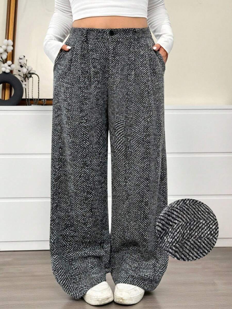 SHEIN EZwear Plus Size Brown Plaid Woolen Suit Pants, Autumn/Winter Baggy - Black and White - View 1