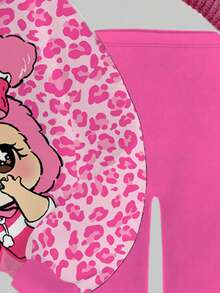 SHEIN Leap Crew 2 件套青少年女孩休闲简约粉色豹纹印花和可爱卡通图案圆领舒适长袖运动衫和紧身裤套装，适合秋冬季