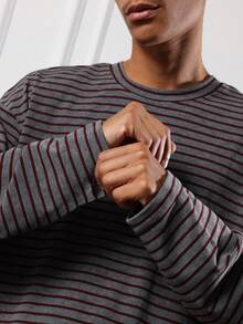 SUMWON Camiseta de manga larga a rayas de corte holgado y boxy, minimalista y básica para otoño e invierno, cuello redondo, ropa de calle - Gris - Ver 4