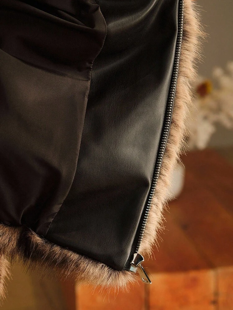 Chaqueta corta de mujer con cuello vuelto, manga larga, suelta y con cremallera, de piel sintética para el invierno