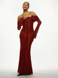 MISSGUIDED Suknia maxi z koronką z odkrytymi ramionami, długie rękawy, długość do ziemi, suknia wieczorowa, elegancka, na wesele, formalna, na imprezę, z podwyższonym stanem, syrenka, suknia balowa, jesień, zima, święta, Boże Narodzenie