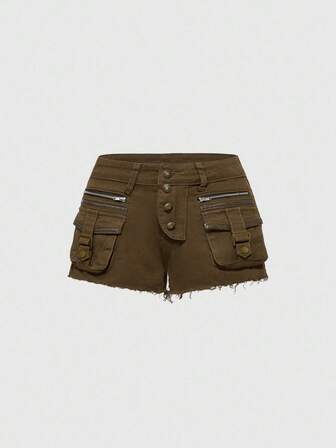 Grunge Punk Pantaloncini di jeans marroni a vita ultra bassa in stile retrò Y2K in pelle sintetica con patchwork