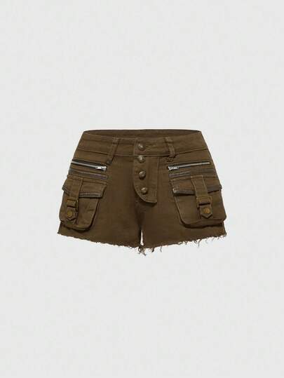 Grunge Punk Y2K Retro Patchwork PU Leather Ultra Super Low Waist Brown Denim Shorts For Women