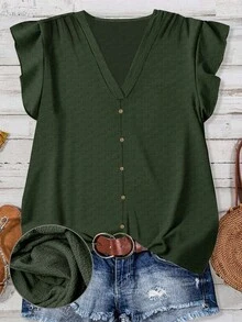 SHEIN LUNE Women's Casual V-Neck Cap Sleeve Loose Shirt, Olive Green