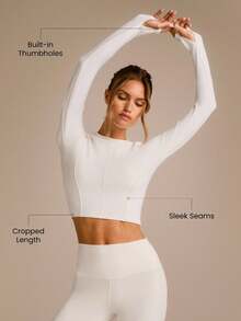 GLOWMODE FeatherFit™-Warm Seam Dream Soft Stretchy Thumbholes Front Back Seam Detailing Cropped Crewneck Long-Sleeve Autumn Winter Daily Casual - White - View 2