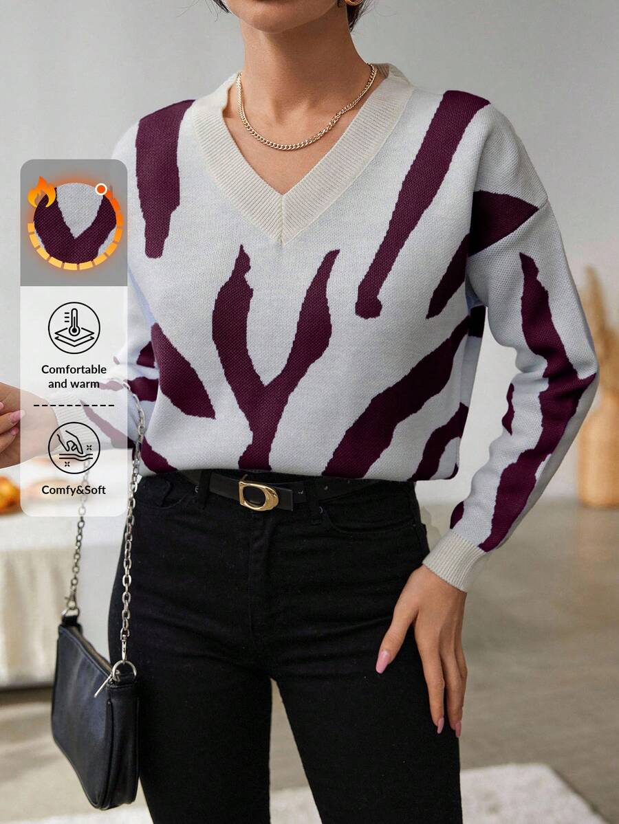 EURMUSE Lässiger Kontrast-Farbmuster Oversized Pullover, Herbst/Winter, Pullover, Creme Pullover, Pullover für Frauen, Pullover, Schwarzer Pullover, Damen Pullover, Weißer Pullover, Damen Pullover, Damen Pullover - Verschiedenfarbig - Übersicht 1