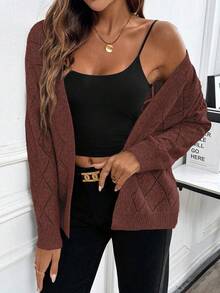 EMERY ROSE Casual Comfortable Hollow Diamond Pattern Cardigan For Women - Rust Brown - View 3