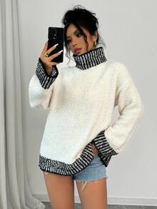 Rafferiza Elegante suéter de punto de manga larga con contraste de color blanco para mujer, otoño/invierno - Blanco - Ver 6