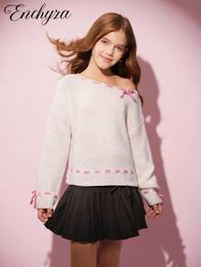 SHEIN Fall Winter Vintage Tween Girls Sweaters - White - View 5