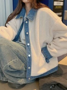 DAZY 秋冬女士休闲牛仔夹克，人造毛皮拼接