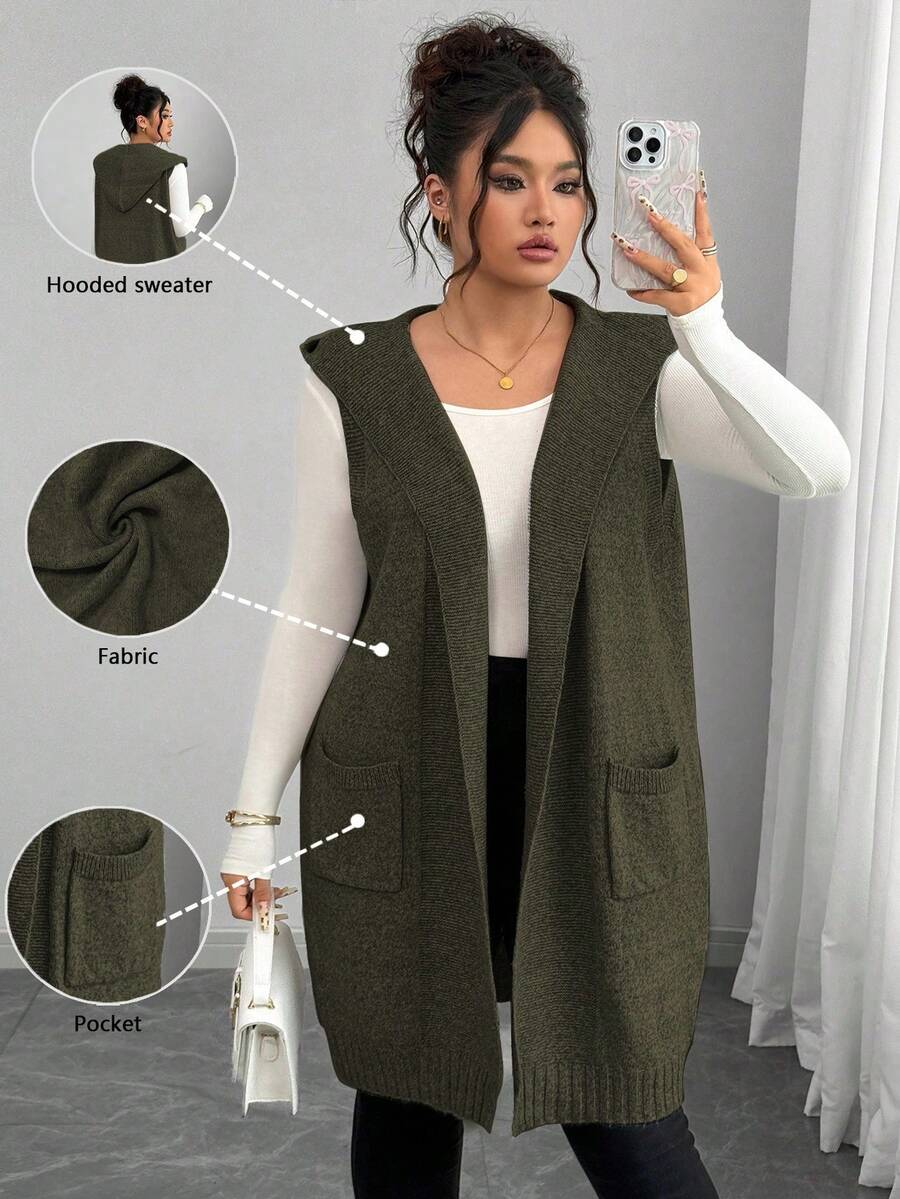 Elenzga 大码女式法式针织中长款无袖连帽开衫毛衣背心，宽松休闲百搭通勤 - 軍綠色 - 查看 1
