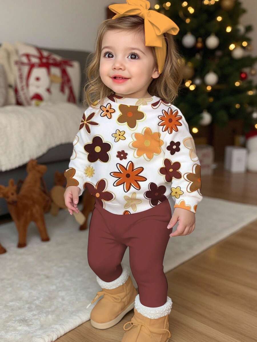 Emery Rose Kids Emery Rose Kids 女婴休闲可爱碎花卫衣和紧身裤两件套服装，柔软厚实圆领长袖套头衫和紧身裤，适合秋冬季 - 彩色 - 查看 1