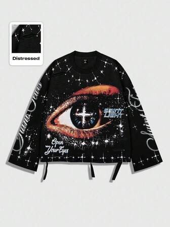 Street Life Vintage Street Style Punk Distressed Saint Graphic Long Sleeve Crew Neck Men's T-Shirt, For Fall