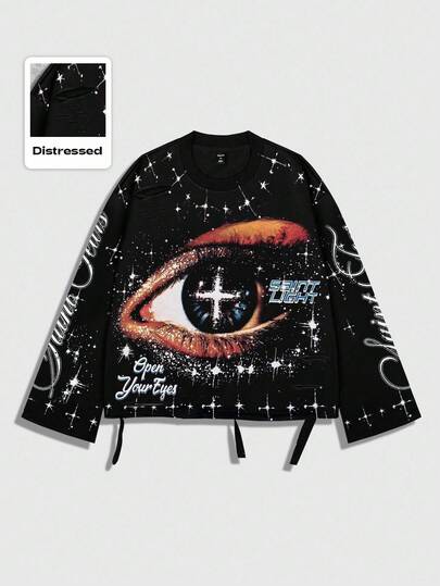 Street Life Vintage Street Style Punk Distressed Saint Graphic Long Sleeve Crew Neck Men's T-Shirt, For Fall