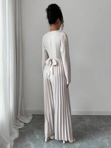 Rafferiza 休闲优雅商务通勤翻领长袖褶皱阔腿连体裤，杏色，女士，秋冬 - 杏色 - 查看 2