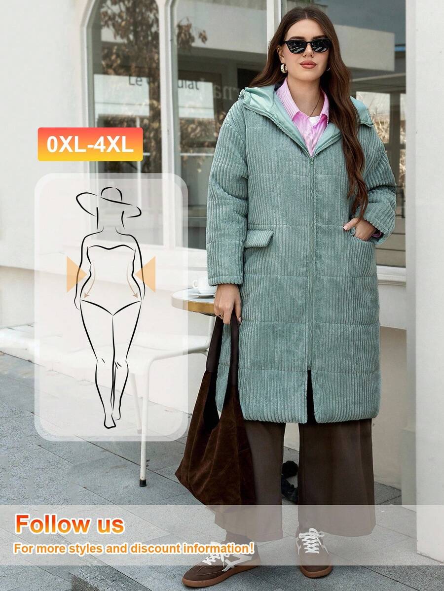 SHEIN LUNE 大码纯色极简连帽长袖外套，休闲日常穿搭，秋冬商务休闲工作教师办公室适用，适合日常穿着、度假优雅造型、办公室女神风。 - 綠色 - 查看 1