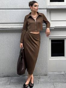 INAWLY Women's Solid Color Long Sleeve Zip-Up Jacket And Skirt Casual 2-Piece Set, Autumn - Brown - View 5