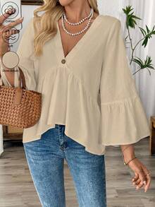 EMERY ROSE White V-Neck Ruffle Sleeve Women's Casual Shirt - Khaki - View 6