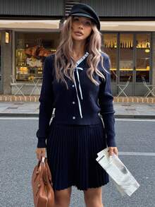 Livesso 女士休闲百褶针织裙，秋季 - 藏蓝色 - 查看 4