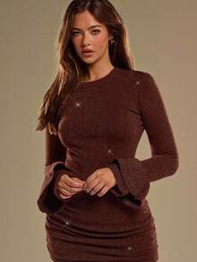 SHEIN BAE Ruffled Flare Sleeve Gathered Waist Bodycon Sweater Dress For Women, Brown Dress For Women,Fall Clothes For Women,Dresses For Women,Halloween,Winter Clothes For Women,Back To School,Brown Ruffled Sweater Miniskirt,Party Dress,Sparkling Sweater Dress,