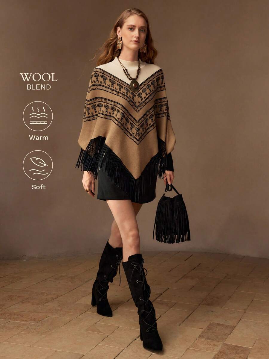 MOTF PREMIUM 人字形图案撞色流苏下摆斗篷毛衣