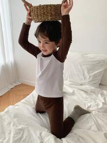 DAZY Conjunto de pijama de pantalón y top de manga raglán de color contrastante para niño, otoño/primavera - Café integral - Ver 4