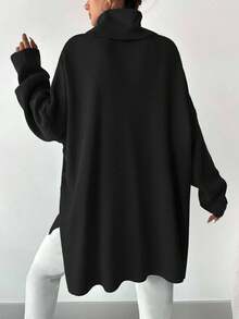 EURMUSE Women's Solid Color High Neck Asymmetric Hem Casual Long Sleeve Pullover Sweater - Black - View 2