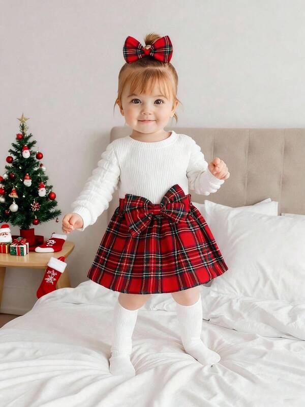 SHEIN Playful Pals Bodys de manga larga con diadema decorativa para bebés niñas, con un toque lindo y navideño