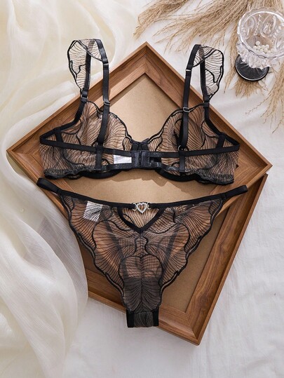 Doorschijnende Zwart BH Slipje Set Featuring Geborduurde Lingerie Hollow Out See Through Bralette view 2