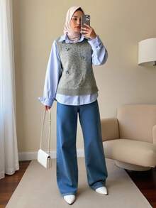 Modelyn Áo len chui đầu cổ tròn thêu màu trơn thường ngày cho nữ vào mùa thu/đông - Xám - Xem 5