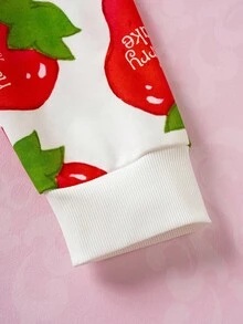 Strawberry Shortcake X SHEIN 男士休闲草莓和卡通图案落肩连帽衫，秋季 - 白色 - 查看 5