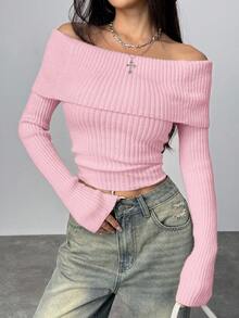 Coolane 女款 Y2K 法兰绒露肩毛衣，白色 - 淺粉色 - 查看 6