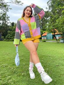 Solflare Plus Dopamine Striped & Checkered Pattern Drop Shoulder Cardigan In Fall/Winter