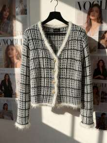Elenzga Cardigan feminino elegante e romântico xadrez, gola redonda, manga comprida - Multicolorido - Ver 1