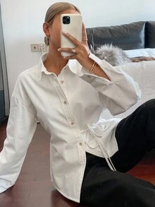 Livesso 女士单排扣牛仔休闲衬衫，侧边系带，长袖 - 白色 - 查看 4