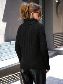 Casual Rib Knit Raglan Sleeve Cable Knit Detailed Turtle Neck Sweater,Jumper,Cream Jumper,Jumpers For Women,Jumpers,Black Jumper,Womens Jumper,White Jumper,Women's Jumper,Women's Jumpers,Winter Clothes